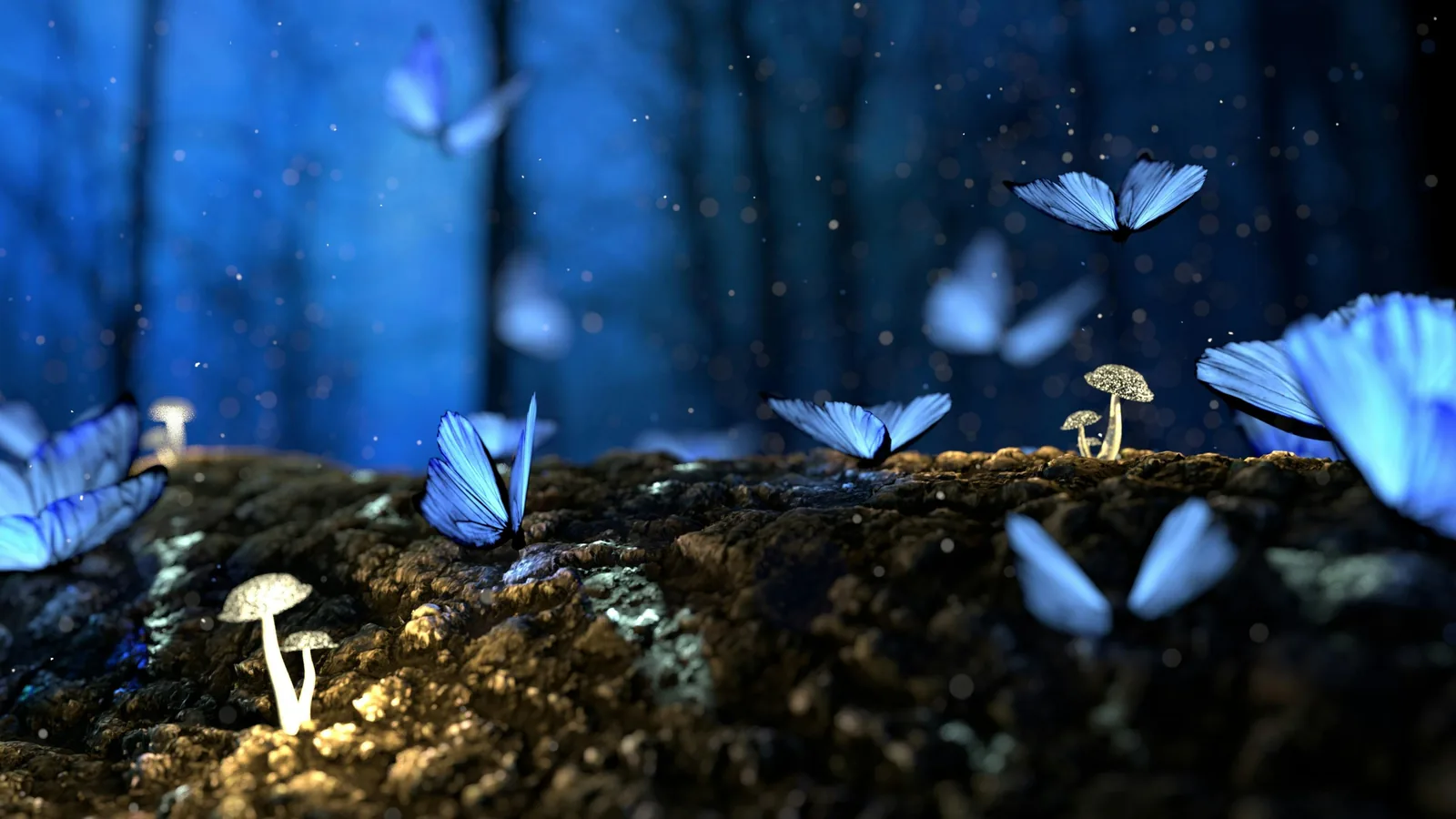 Papillons bleus lumineux posés sur la mousse d’un sous-bois, dans la pénombre
